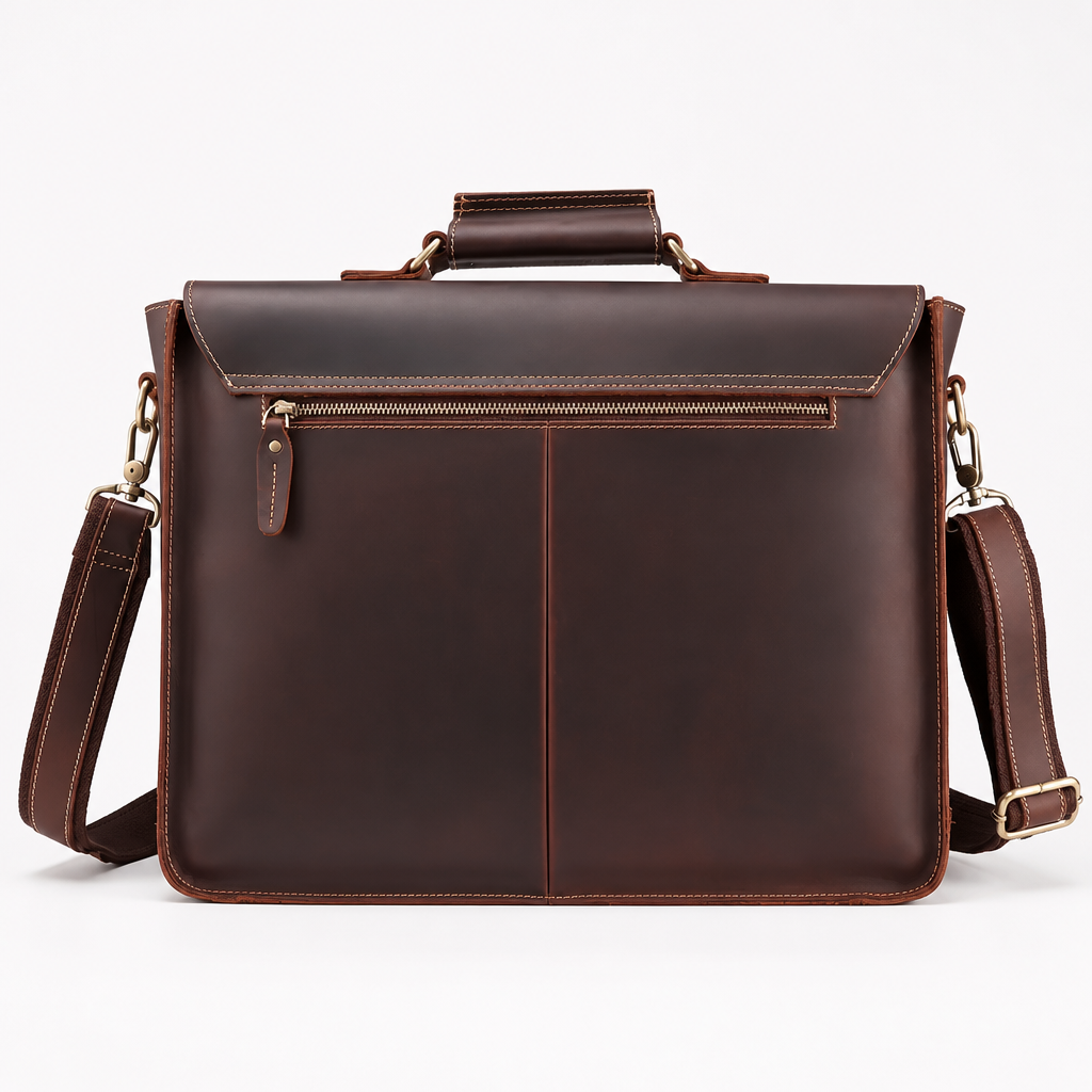 Q-TIGER Genuine Crazy Horse Leather Briefcase – Water-Resistant, Double Buckle & Laptop Messenger