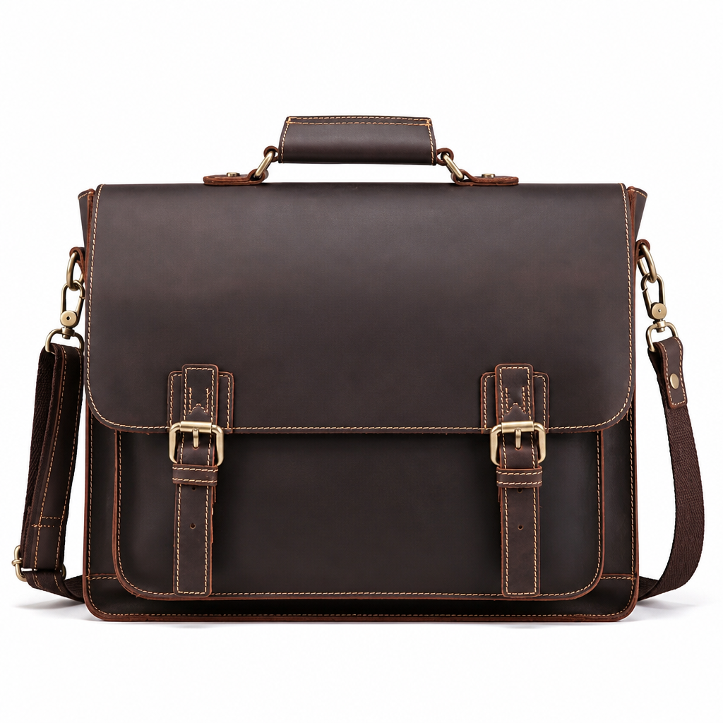 Q-TIGER Genuine Crazy Horse Leather Briefcase – Water-Resistant, Double Buckle & Laptop Messenger