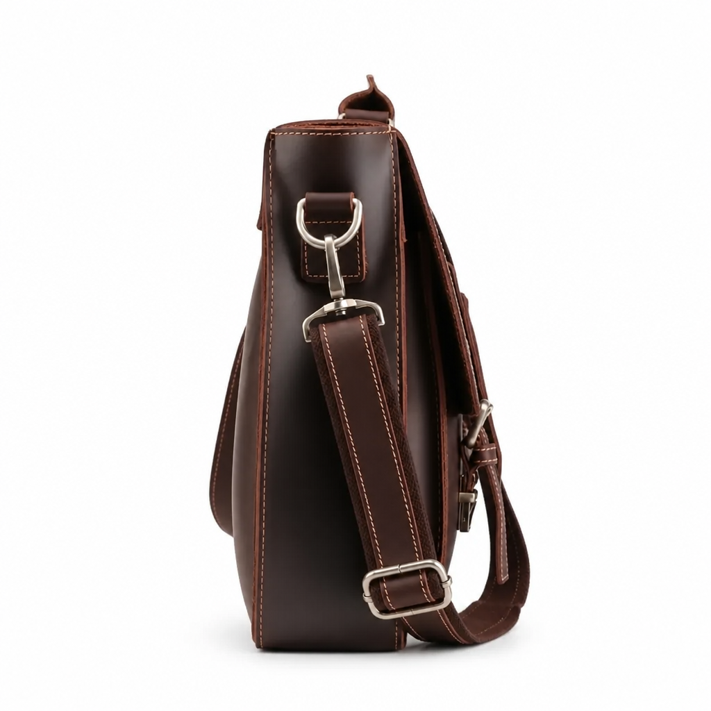 Q-TIGER Genuine Crazy Horse Leather Briefcase – Water-Resistant, Double Buckle & Laptop Messenger