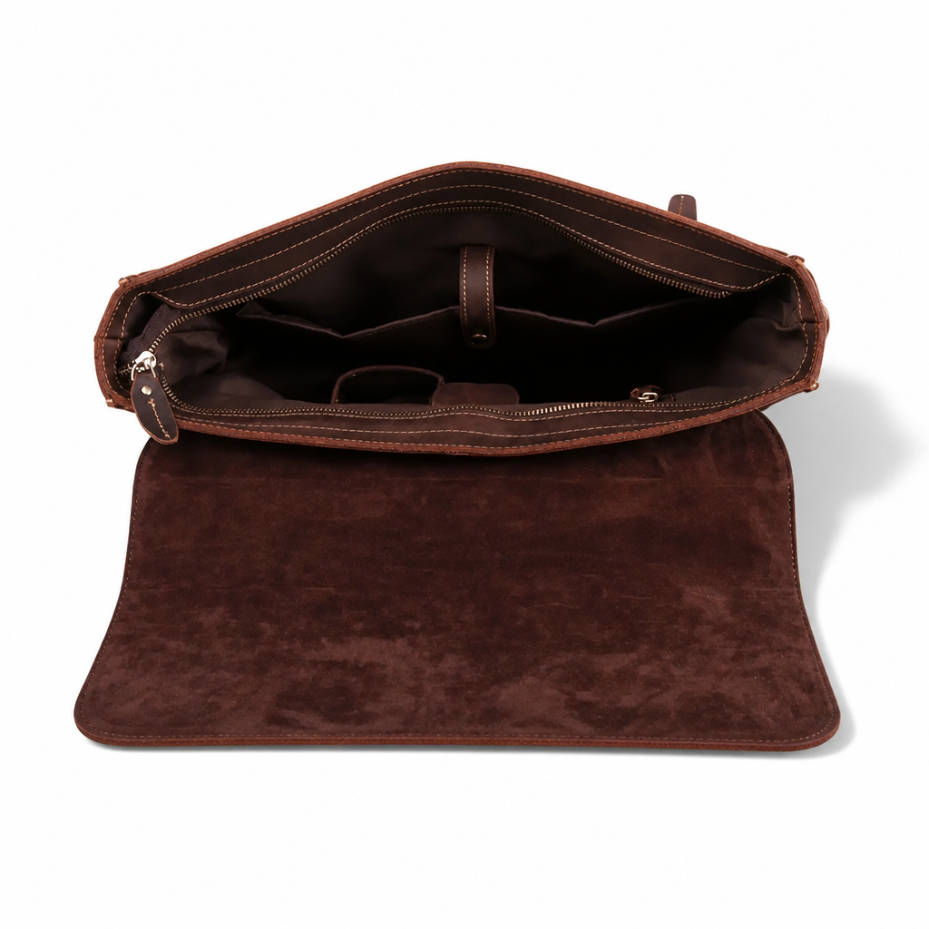 Q-TIGER Genuine Crazy Horse Leather Briefcase – Water-Resistant, Double Buckle & Laptop Messenger