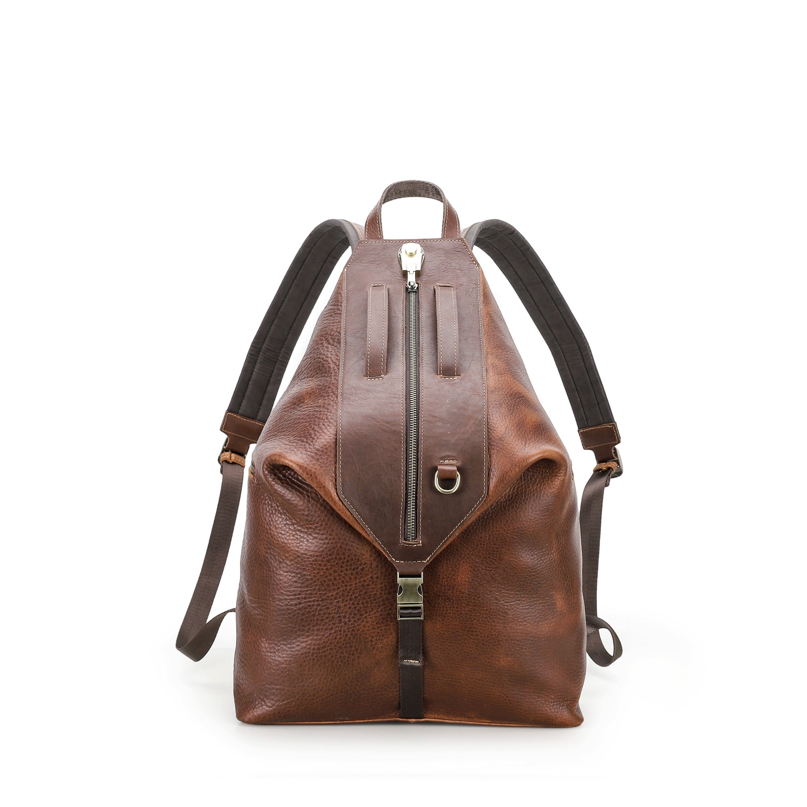 A brown leather backpack with dark brown shoulder straps and a front zipper closure, shown from the back on a white background.