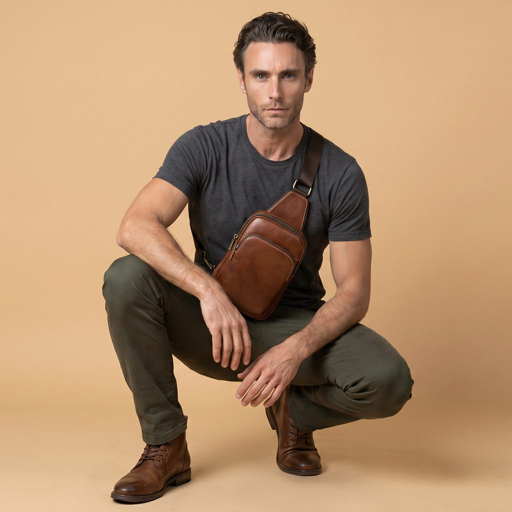 A man crouching in a studio setting, wearing a dark gray t-shirt, olive green pants, brown boots, and carrying a brown leather crossbody sling bag.