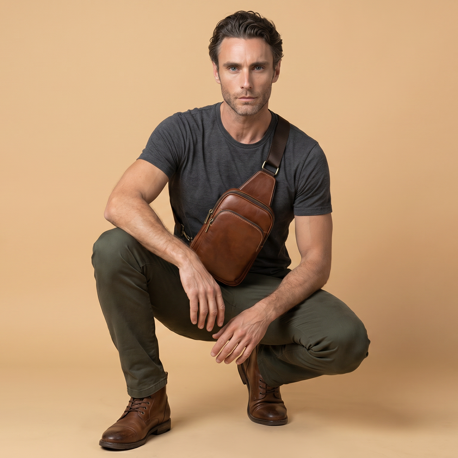 A man crouching in a studio setting, wearing a dark gray t-shirt, olive green pants, brown boots, and carrying a brown leather crossbody sling bag.