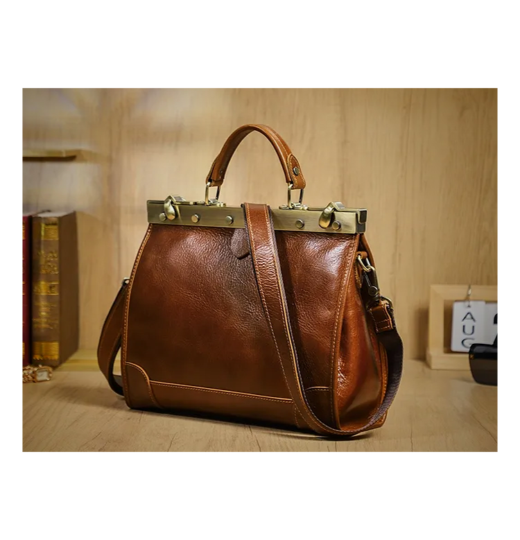 Q-VALMORA Executive Full-Grain Leather Work Bag for Women – Hinge Lock, Tablet Fit, Convertible