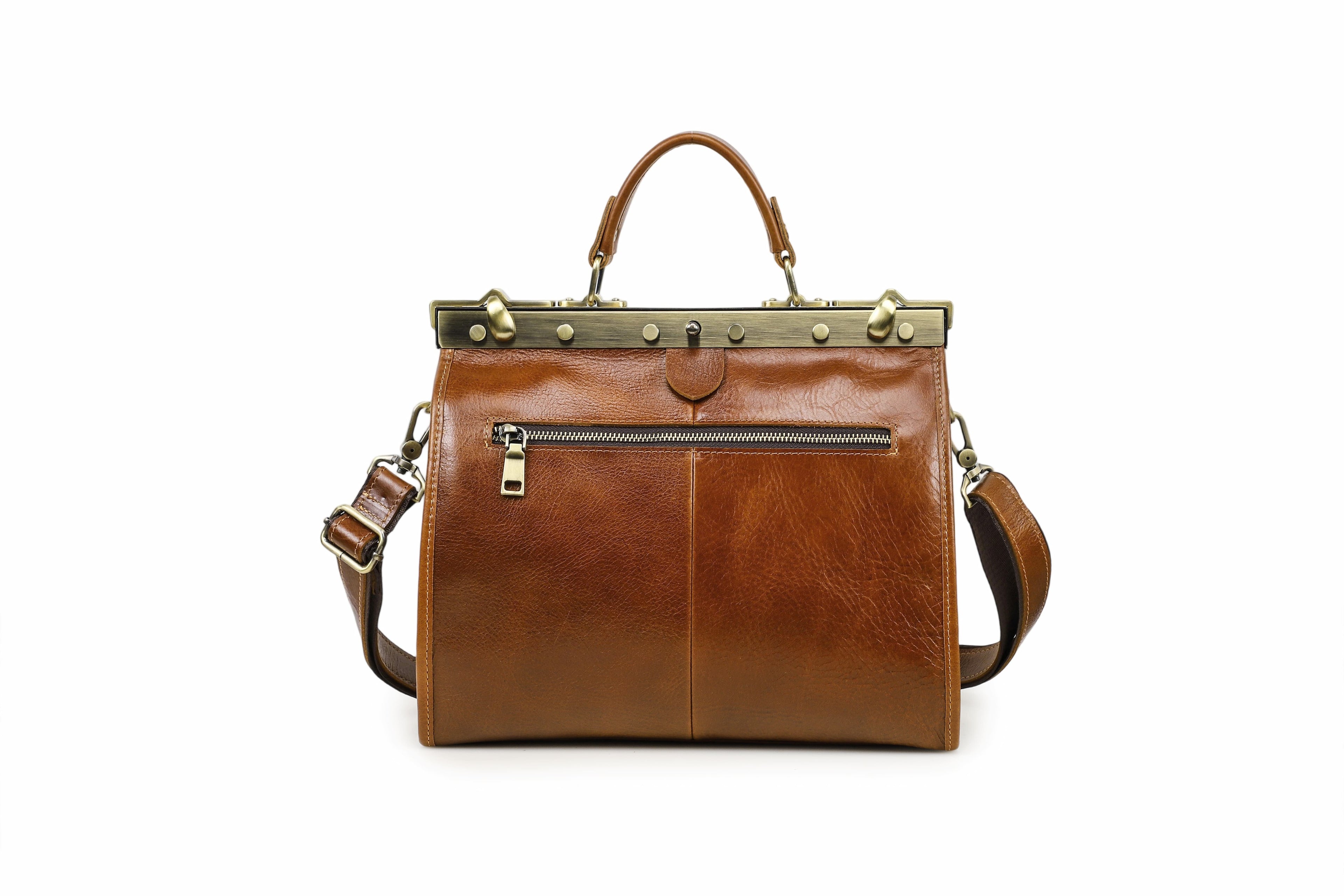 Q-VALMORA Executive Full-Grain Leather Work Bag for Women – Hinge Lock, Tablet Fit, Convertible