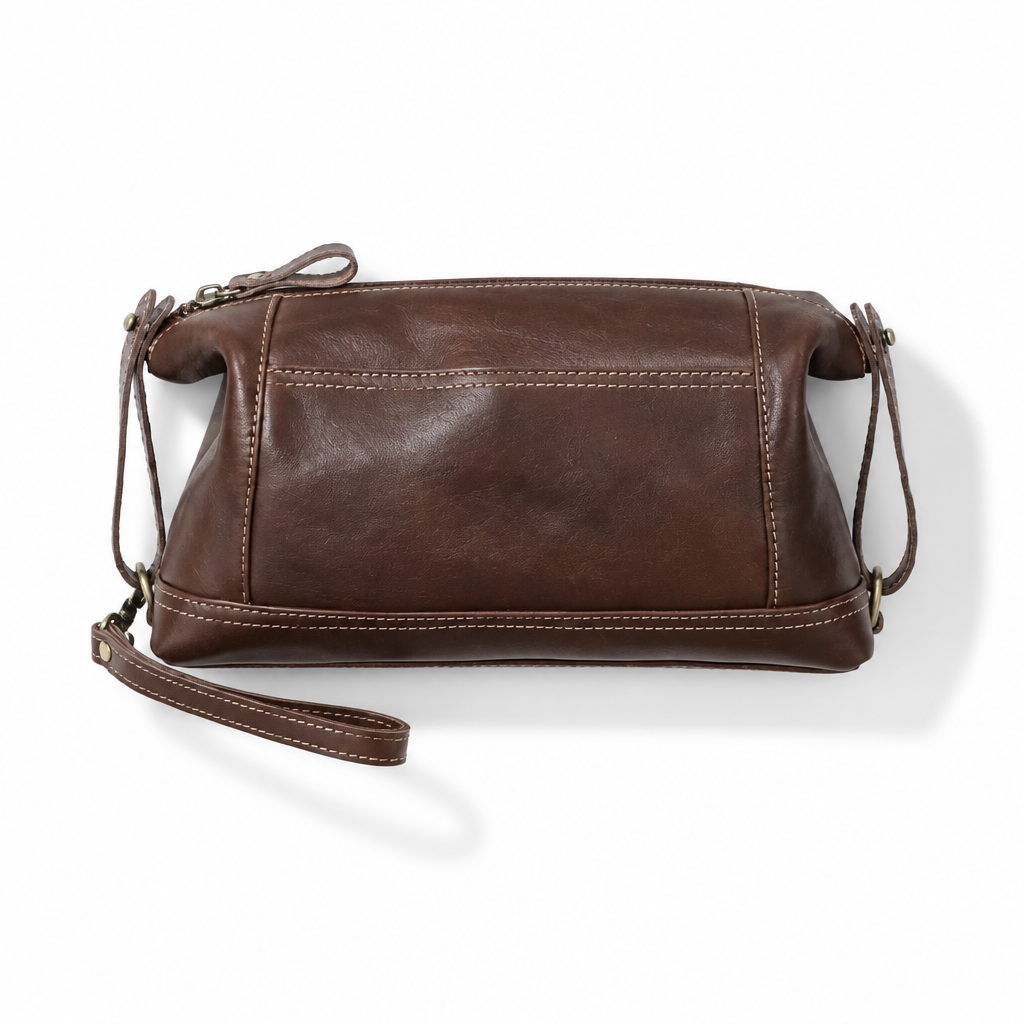 Q-VINTARO Large Capacity Vegetable-Tanned Leather Toiletry Bag – Vintage Eco-Friendly Travel Clutch