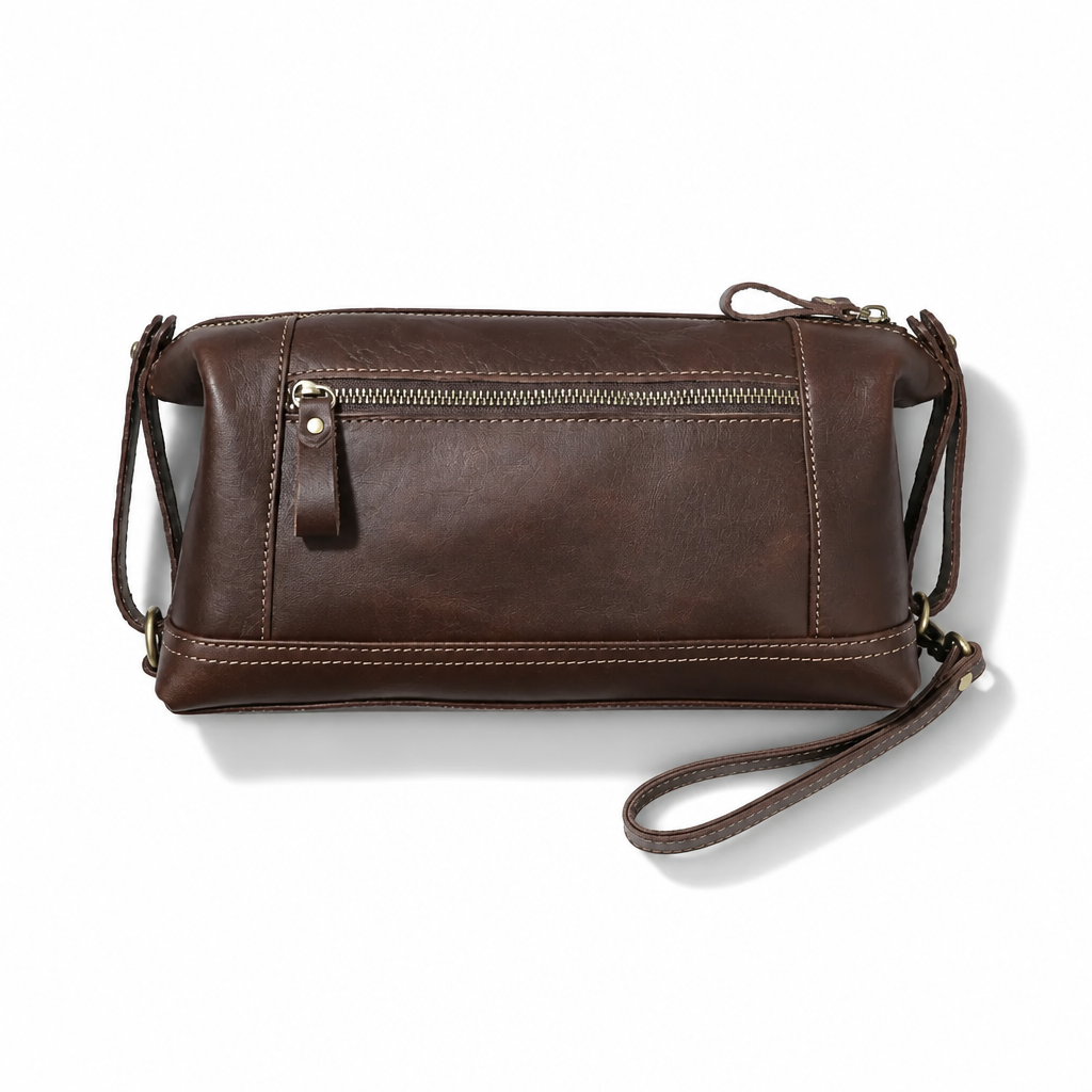 Q-VINTARO Large Capacity Vegetable-Tanned Leather Toiletry Bag – Vintage Eco-Friendly Travel Clutch