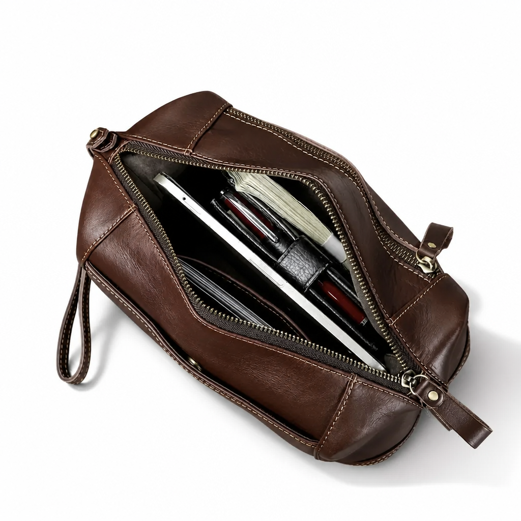 Q-VINTARO Large Capacity Vegetable-Tanned Leather Toiletry Bag – Vintage Eco-Friendly Travel Clutch