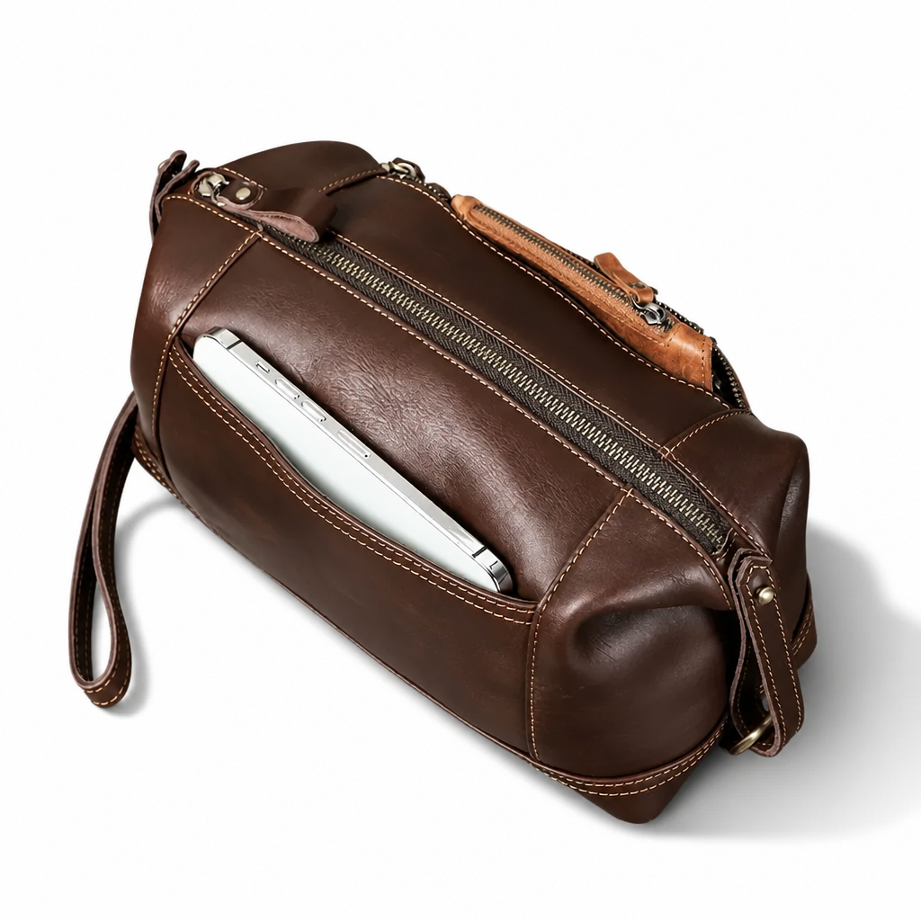 Q-VINTARO Large Capacity Vegetable-Tanned Leather Toiletry Bag – Vintage Eco-Friendly Travel Clutch