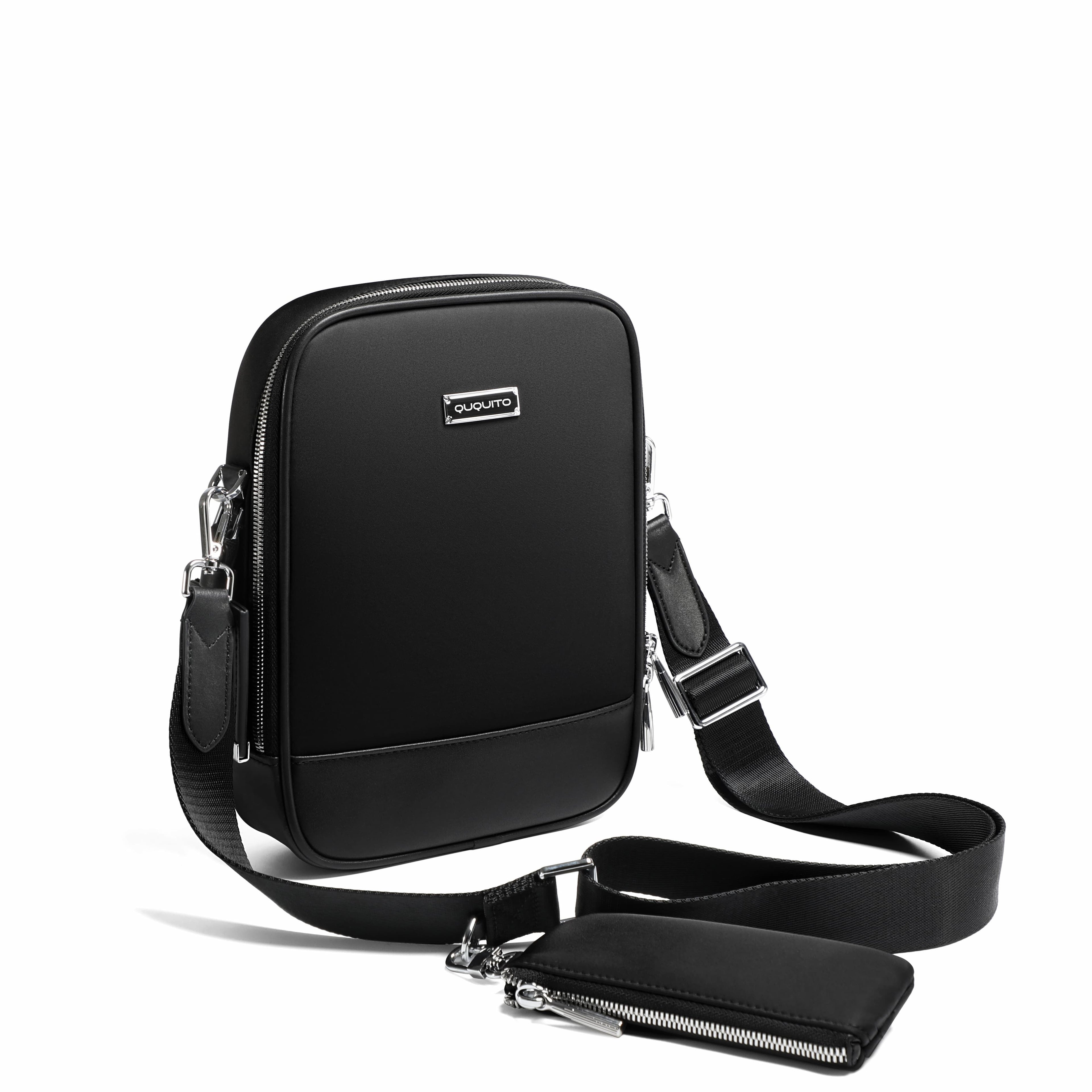 A black rectangular crossbody phone bag with a matching zippered pouch and adjustable shoulder strap, displayed on a clean white background.