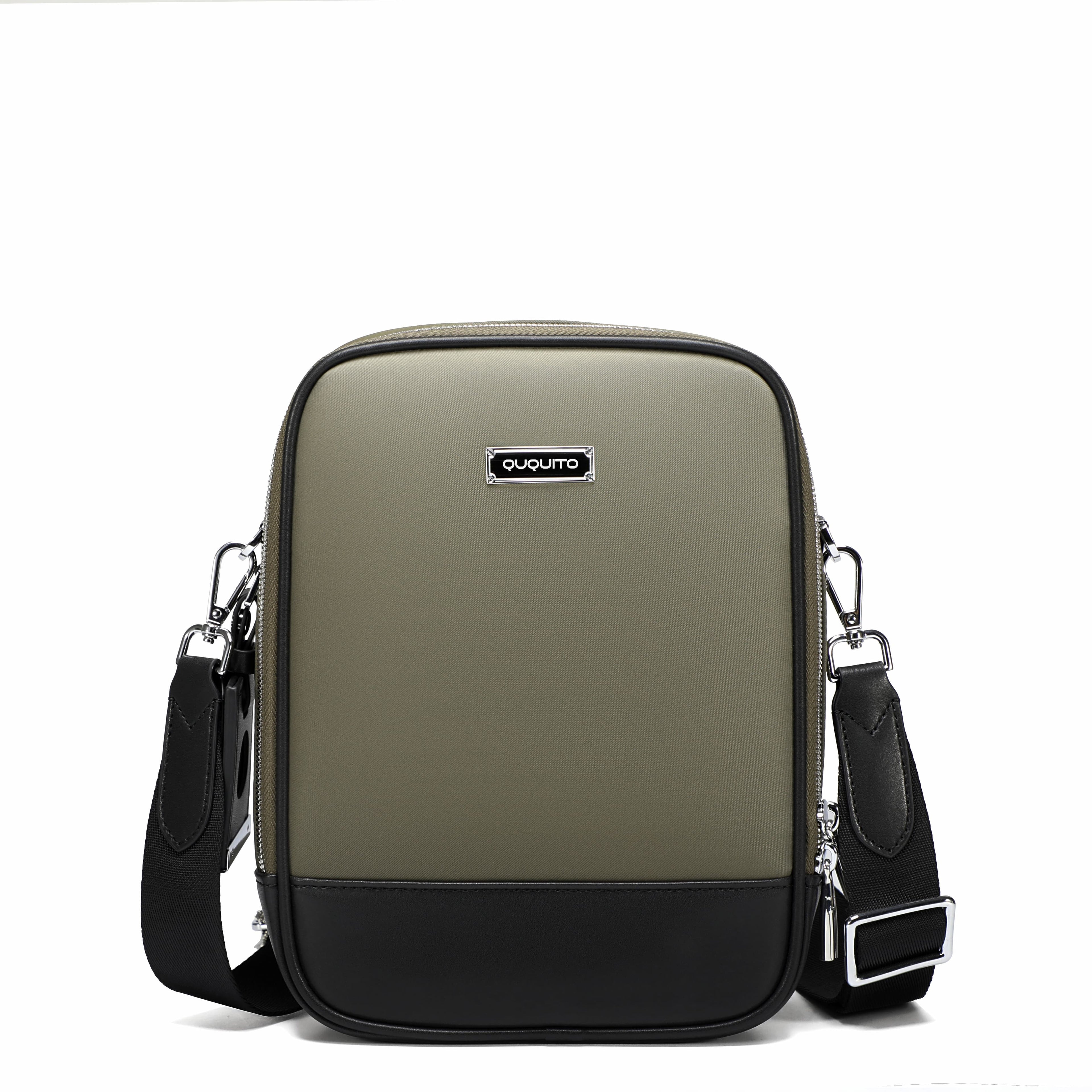 A rectangular crossbody bag in olive green and black, featuring a small silver 'SOUZOU' logo plaque on the front, set against a plain white background.