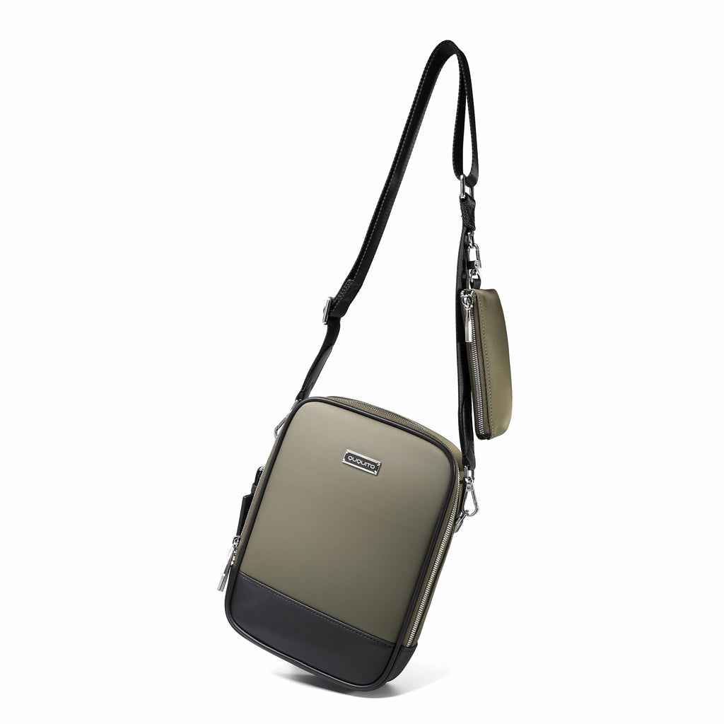 An olive green and black crossbody phone bag with a black shoulder strap and a small matching pouch, shown on a plain white background.