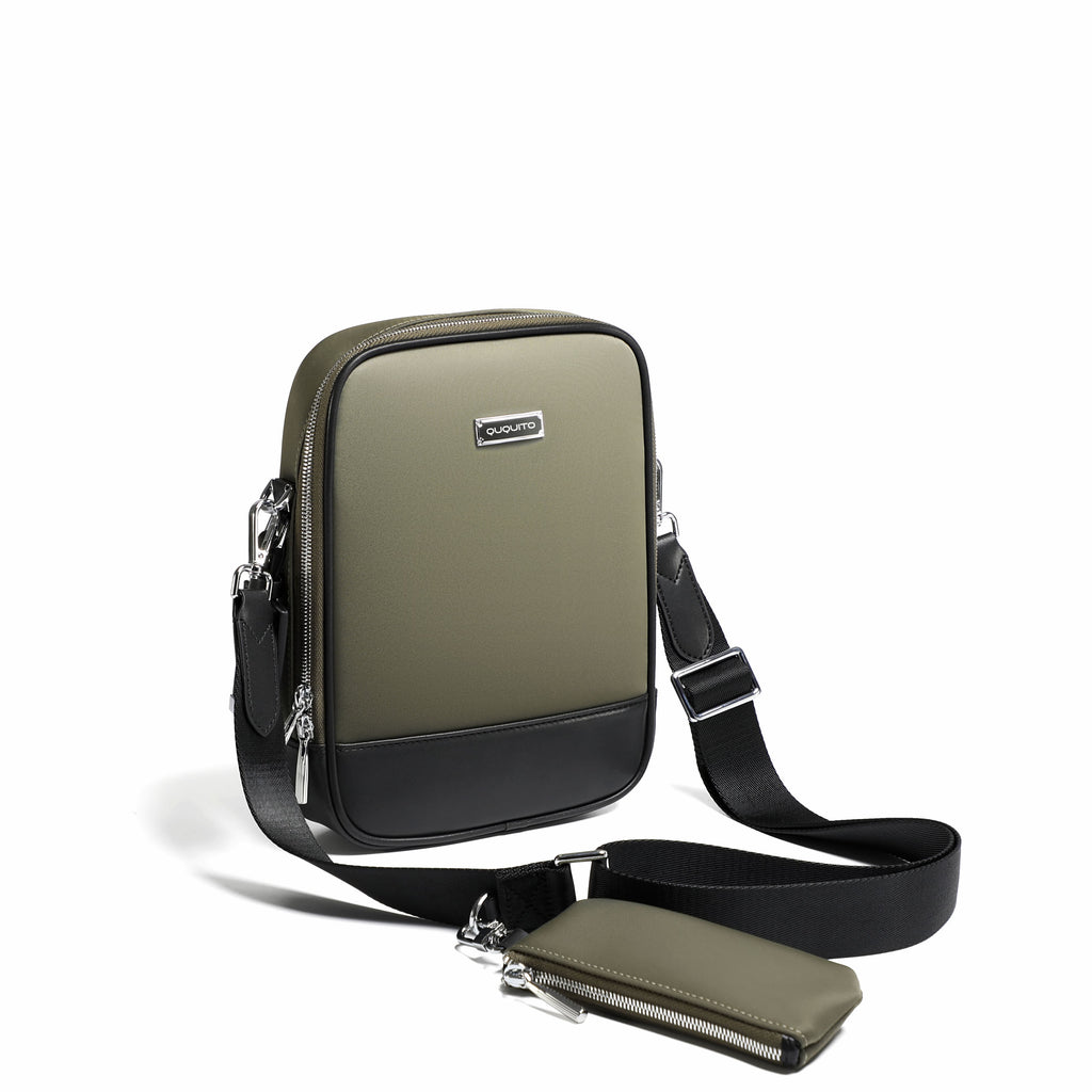An olive green and black crossbody phone bag with a matching zippered pouch, displayed on a clean white background.