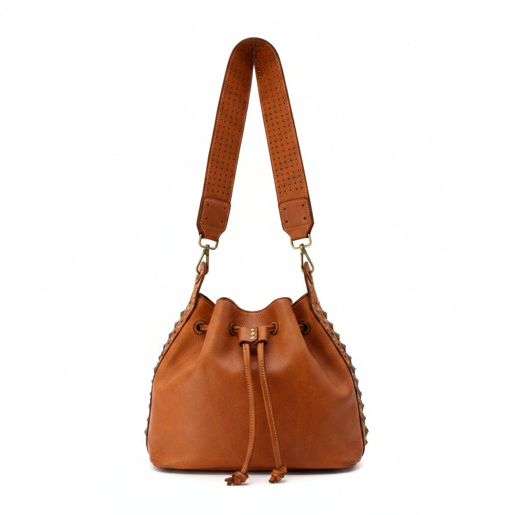Q-WONDER Vintage Studded Calfskin Bucket Bag – Italian Leather, Hammered Studs & Geometric Design