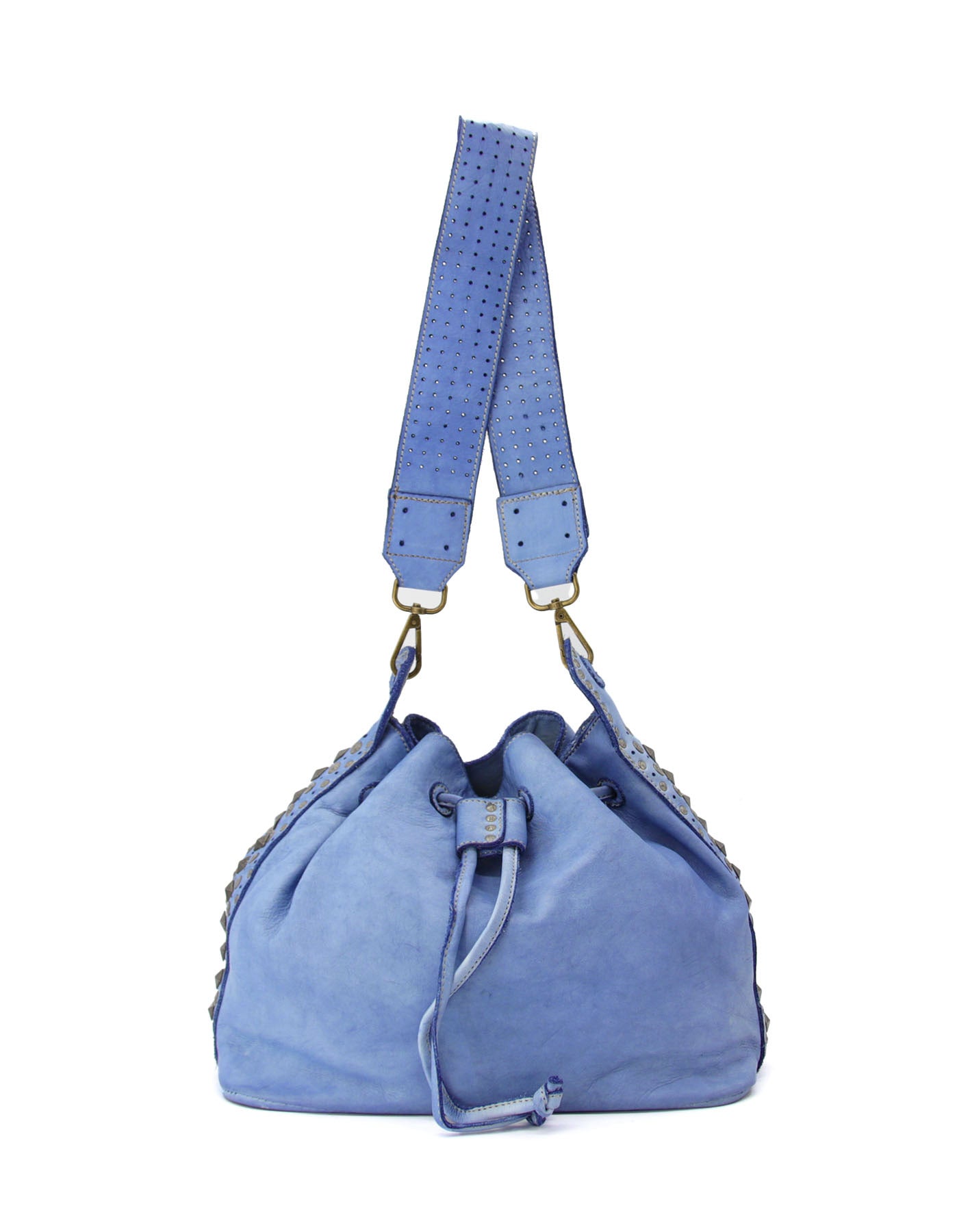 Q-WONDER Vintage Studded Calfskin Bucket Bag – Italian Leather, Hammered Studs & Geometric Design