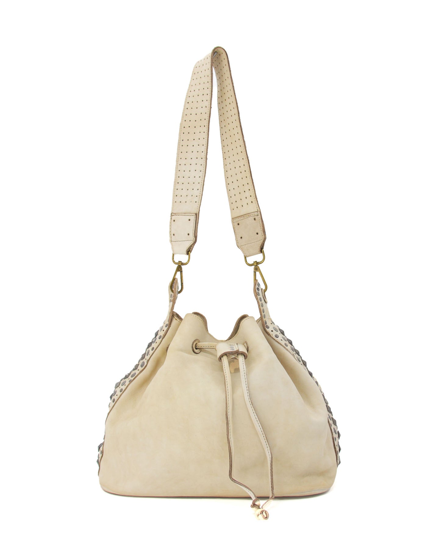 Q-WONDER Vintage Studded Calfskin Bucket Bag – Italian Leather, Hammered Studs & Geometric Design