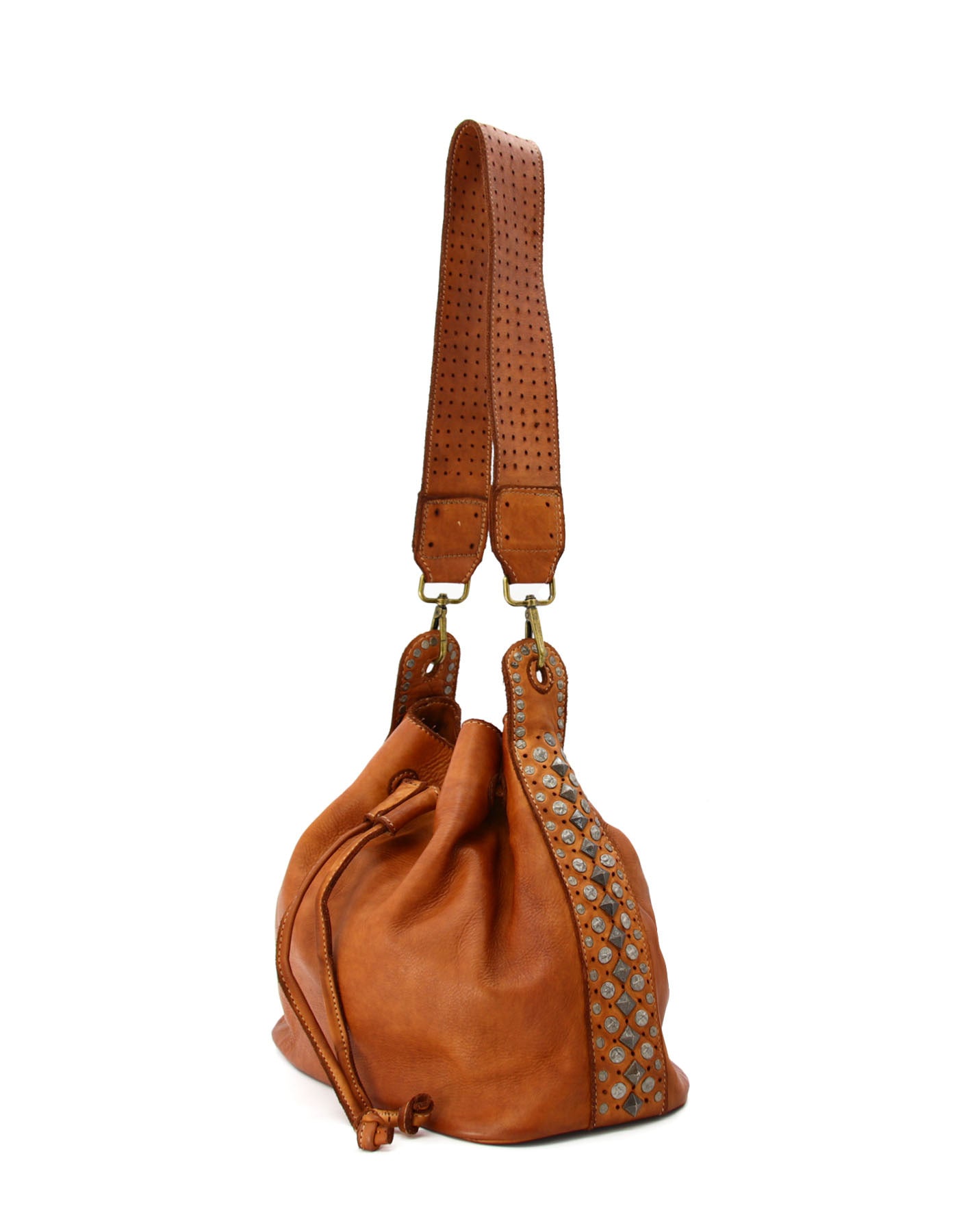 Q-WONDER Vintage Studded Calfskin Bucket Bag – Italian Leather, Hammered Studs & Geometric Design
