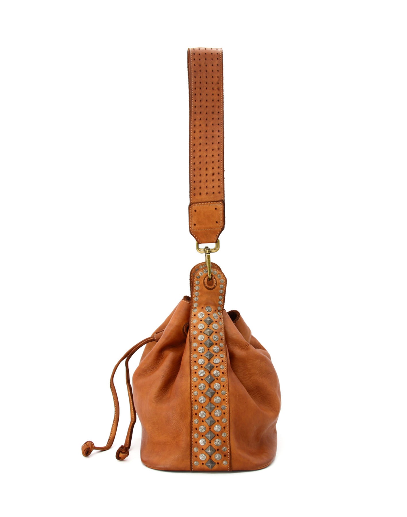 Q-WONDER Vintage Studded Calfskin Bucket Bag – Italian Leather, Hammered Studs & Geometric Design