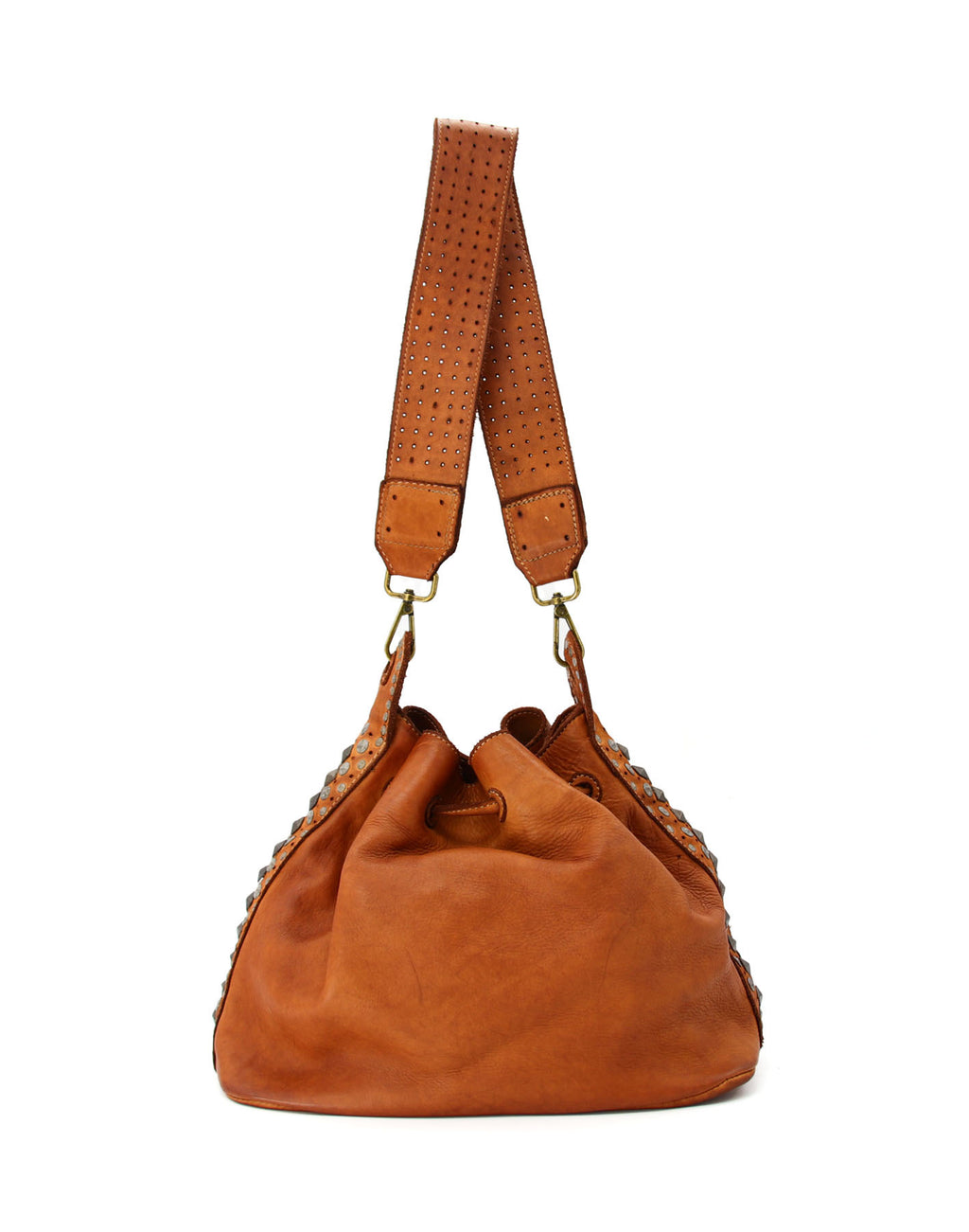 Q-WONDER Vintage Studded Calfskin Bucket Bag – Italian Leather, Hammered Studs & Geometric Design