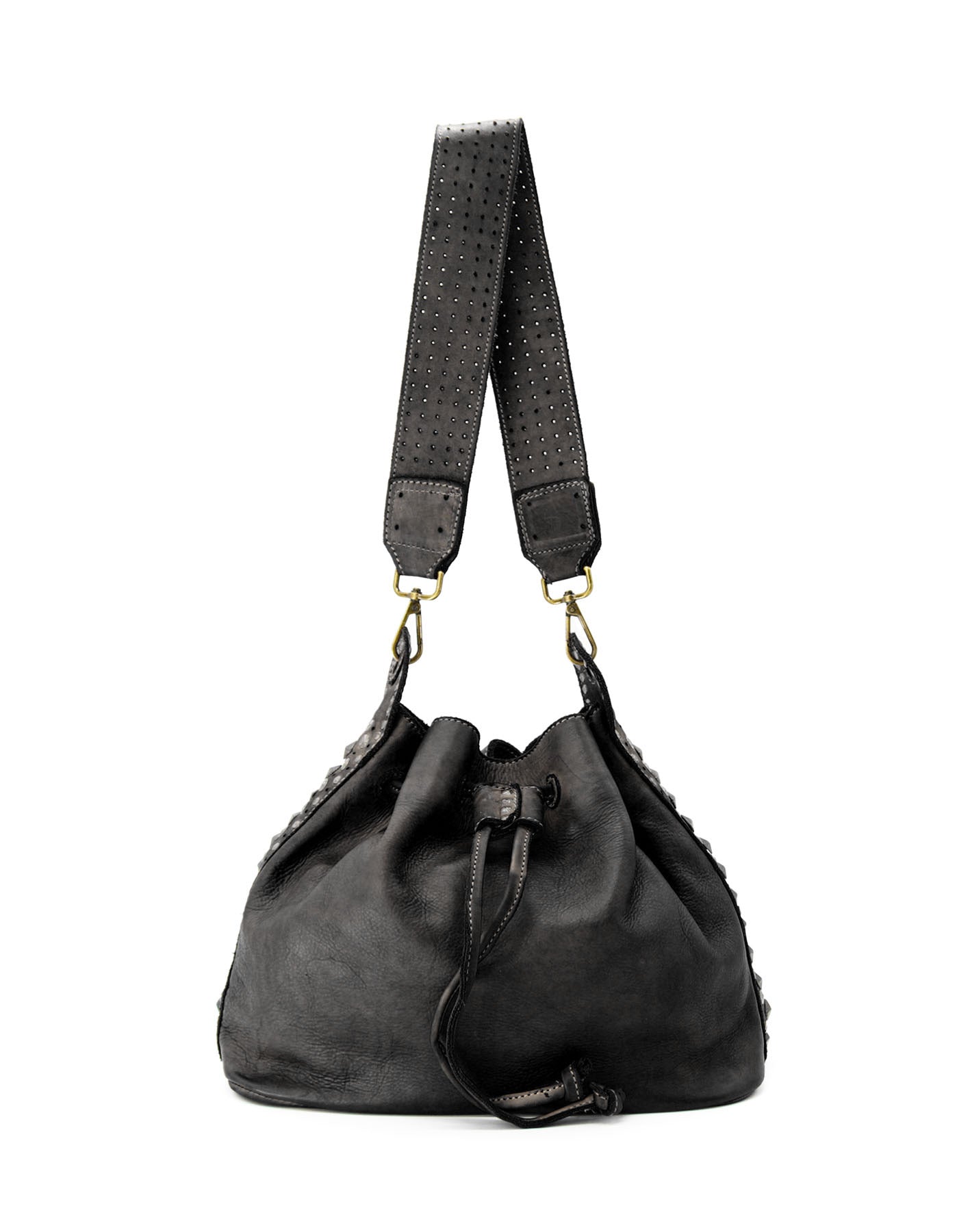 Q-WONDER Vintage Studded Calfskin Bucket Bag – Italian Leather, Hammered Studs & Geometric Design