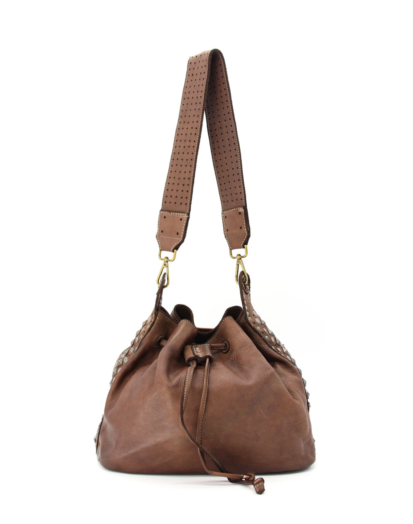 Q-WONDER Vintage Studded Calfskin Bucket Bag – Italian Leather, Hammered Studs & Geometric Design