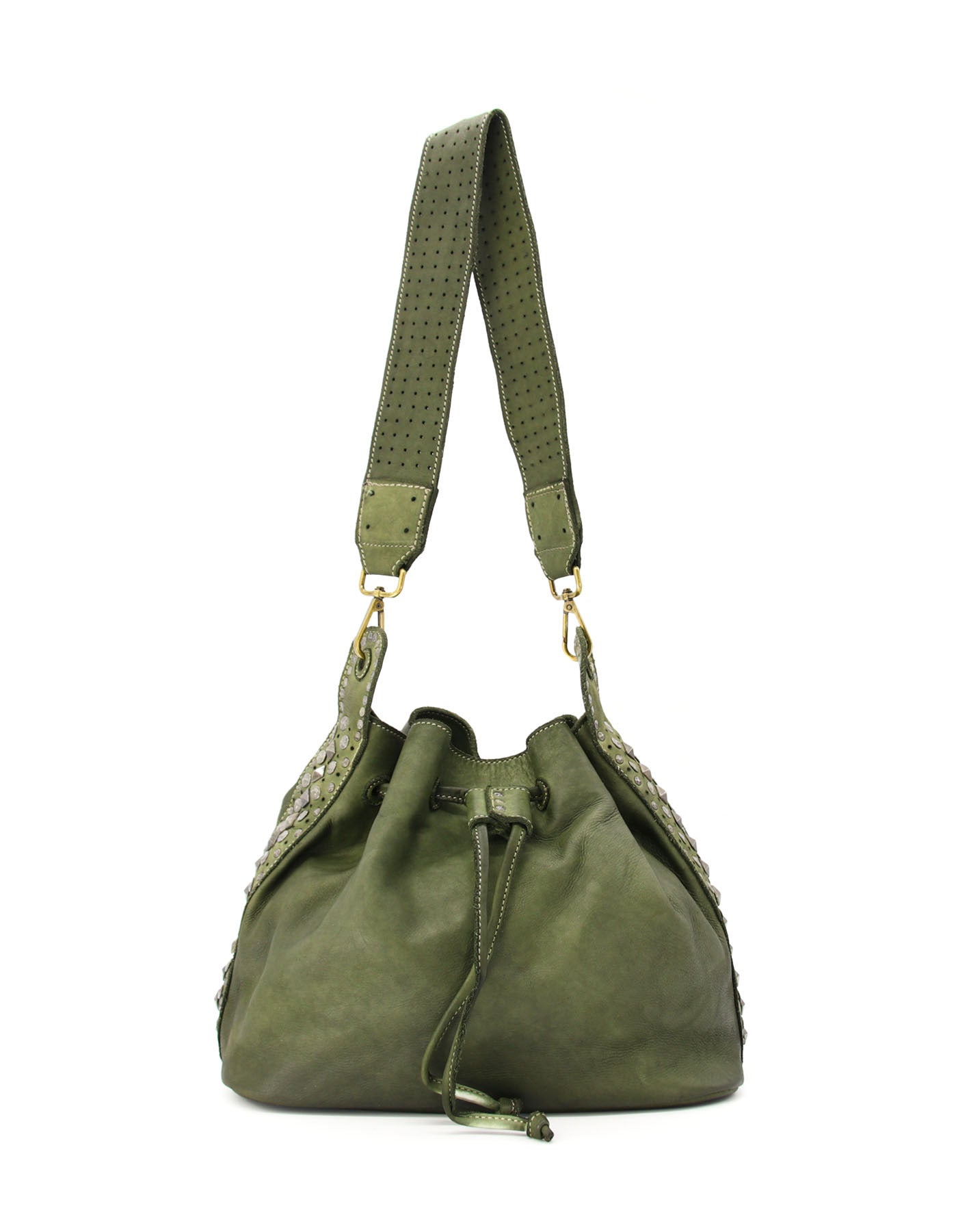 Q-WONDER Vintage Studded Calfskin Bucket Bag – Italian Leather, Hammered Studs & Geometric Design