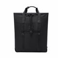 A black nylon tote bag with dual top handles, a drawstring closure, and front zippered pockets, shown against a plain white background.