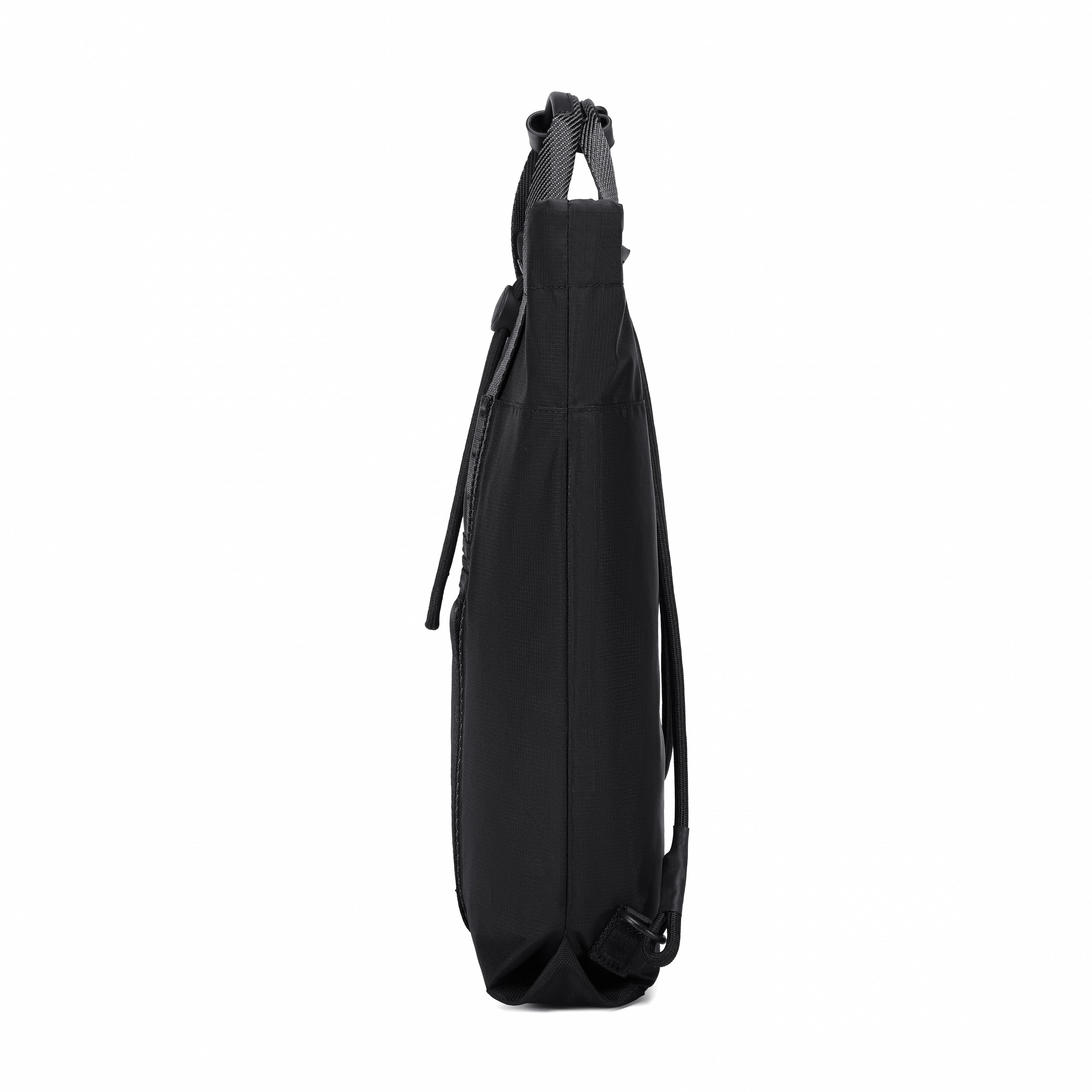 A black fabric shoulder bag shown from a side profile view against a solid white background.