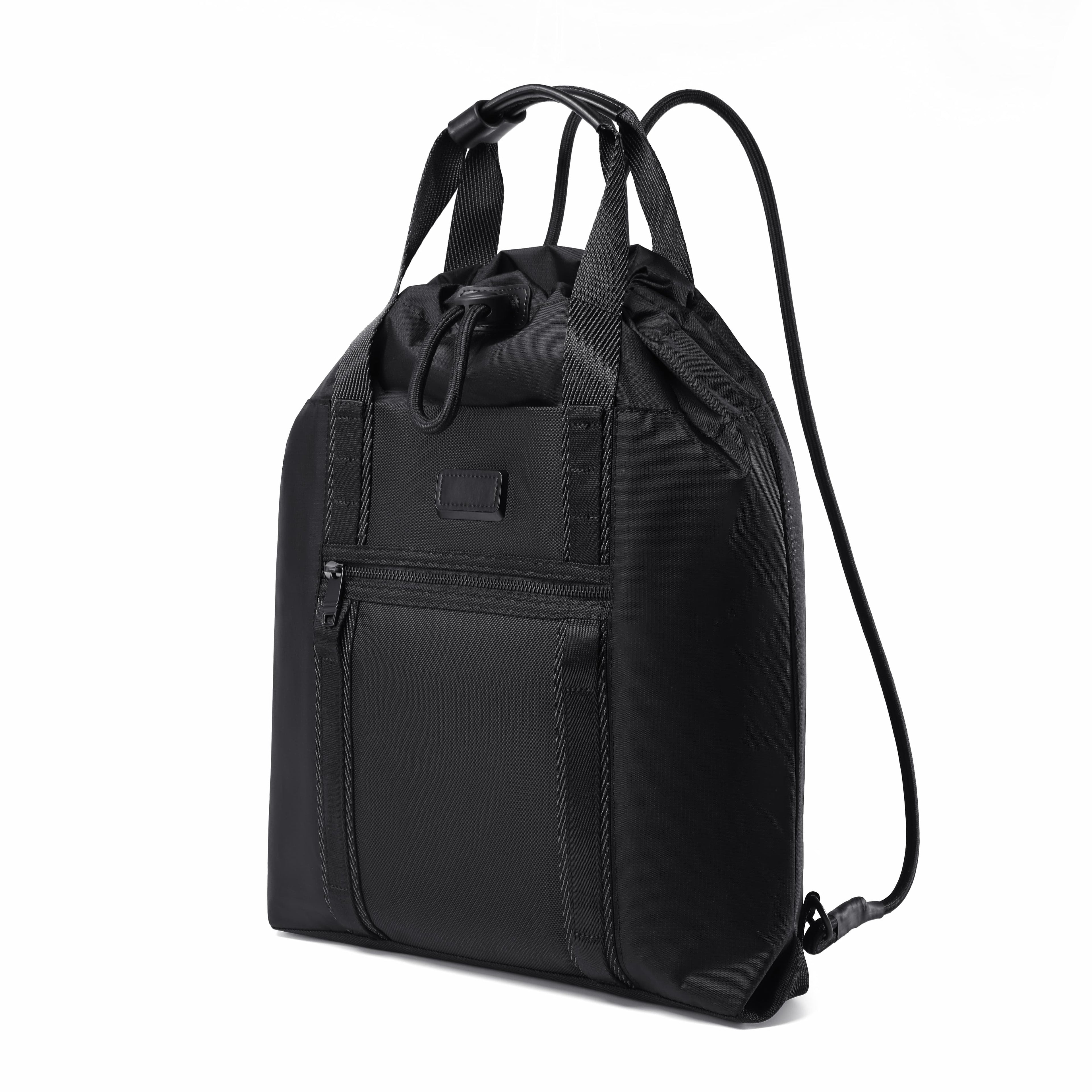 A black drawstring backpack with top handles, a front zippered pocket, and a long shoulder strap, shown on a plain white background.