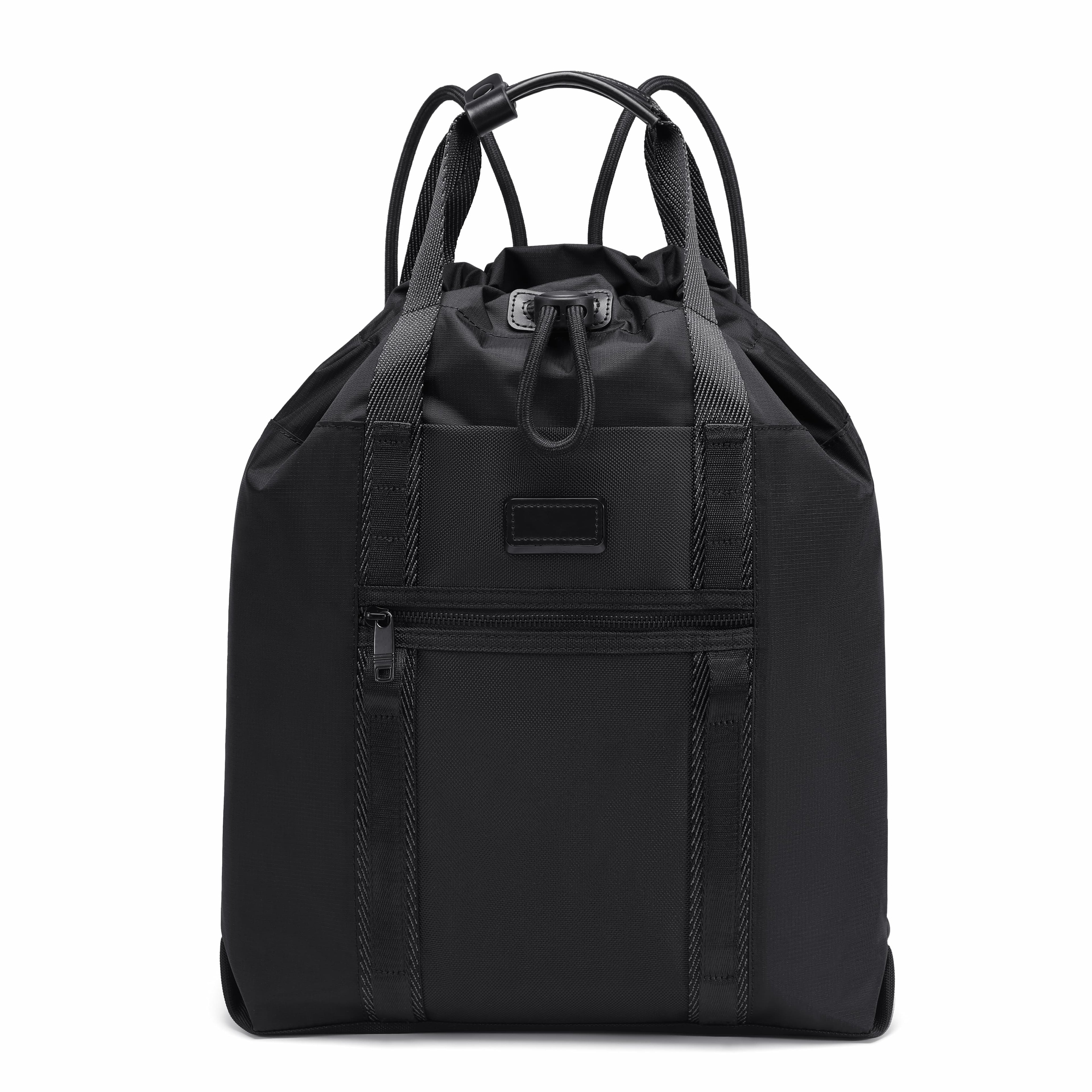 A black drawstring backpack with a front zippered pocket and top carry handles, shown against a plain white background.