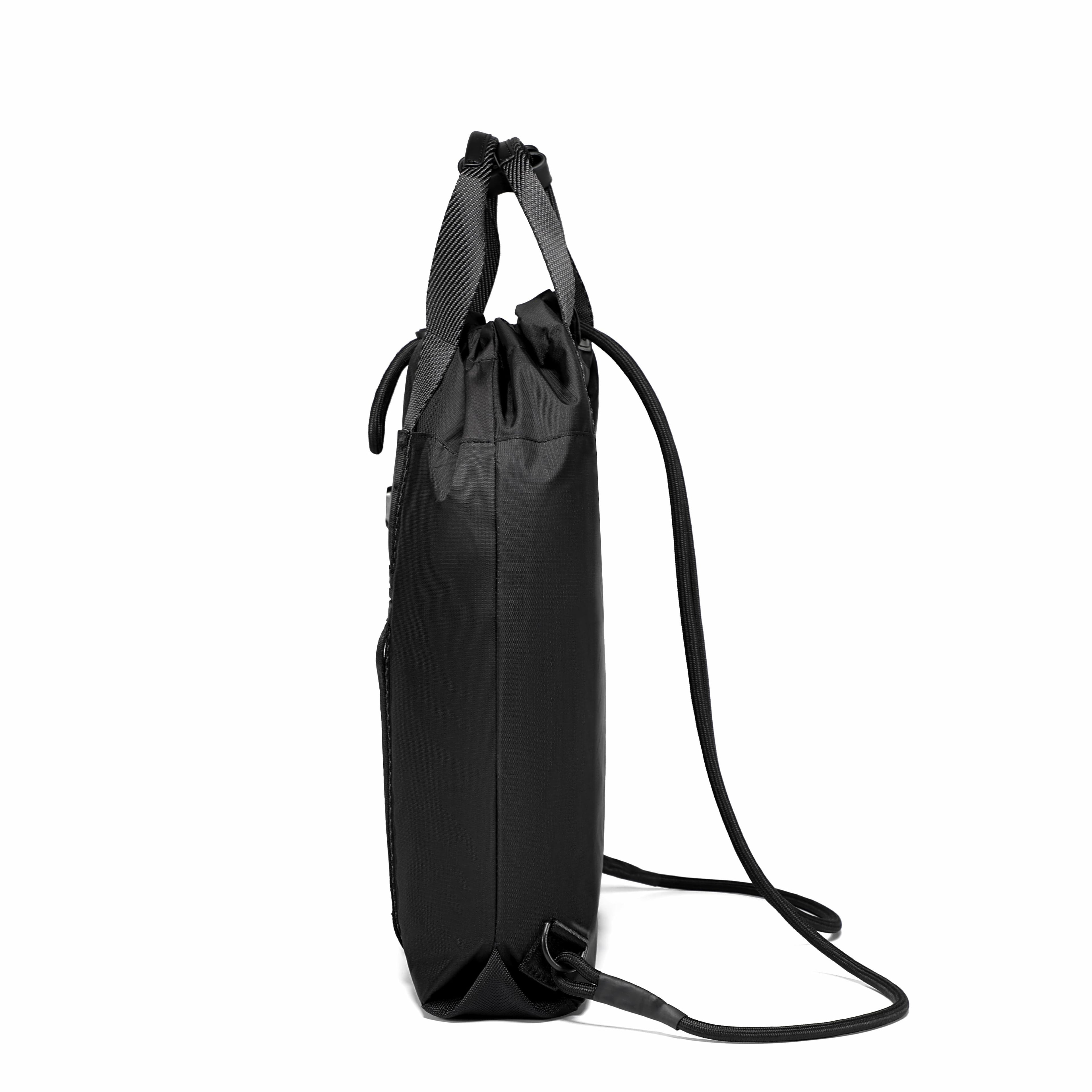 A black drawstring backpack shown from a side profile view against a solid white background.