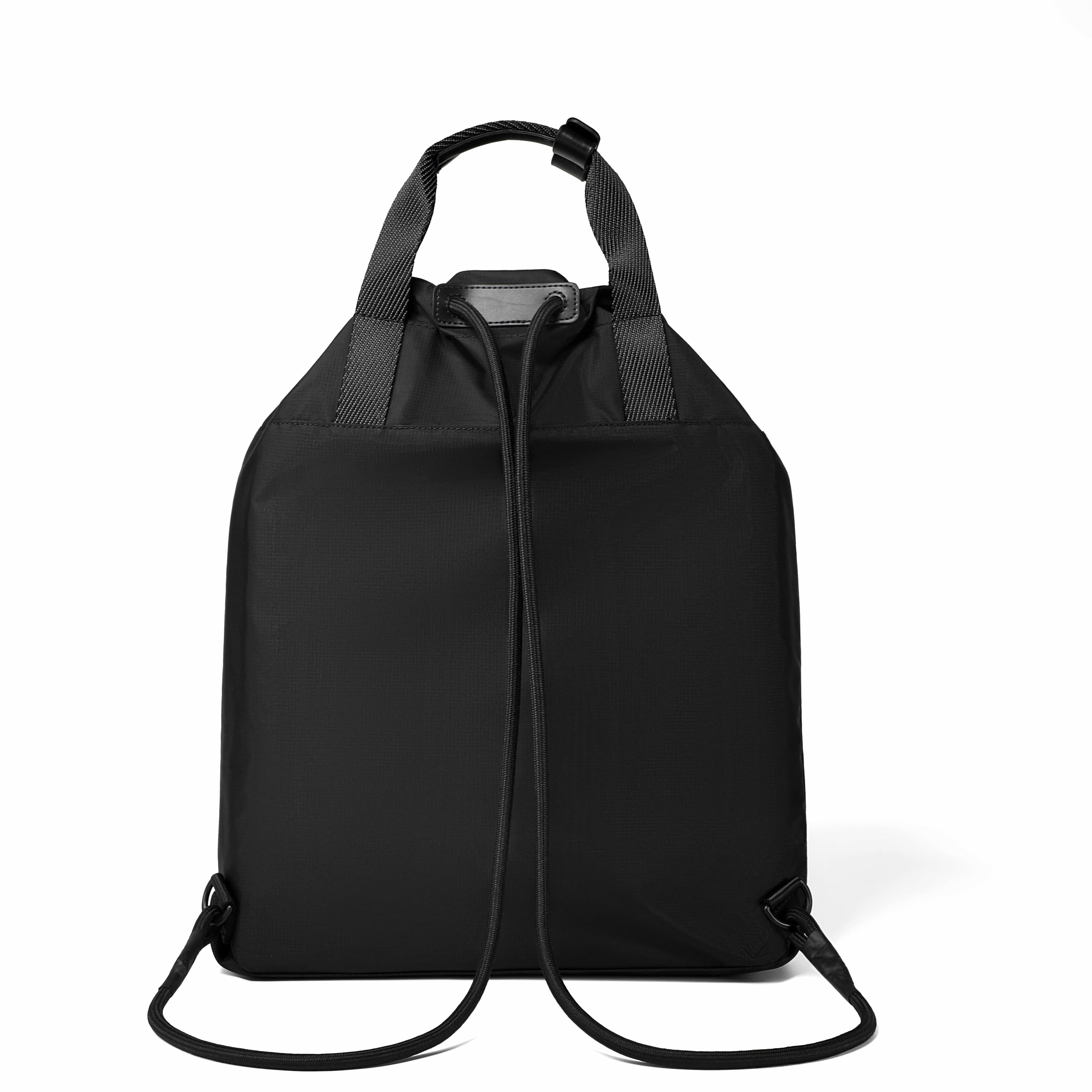 A black drawstring backpack with top handles and adjustable shoulder straps, photographed against a clean white background.