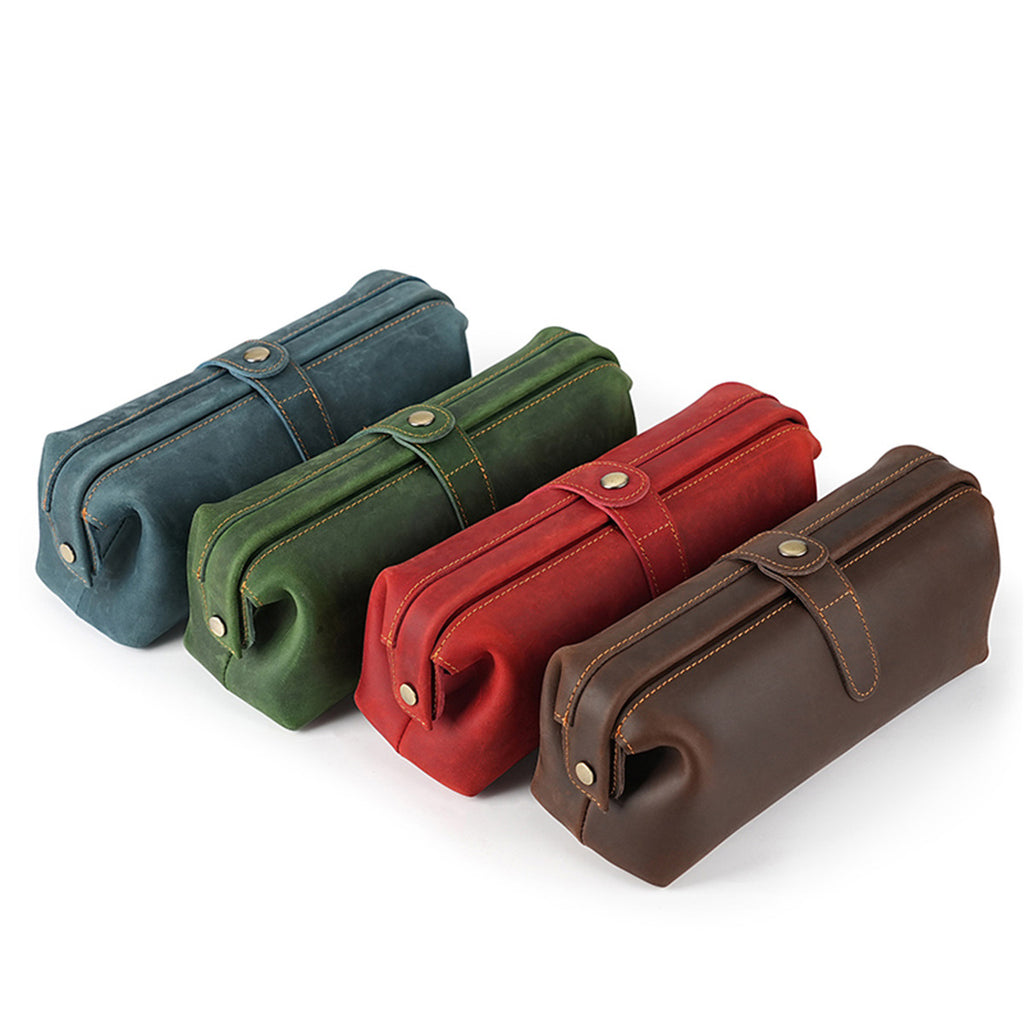 Q-ENDURA Vintage Design Top Grain Leather Cosmetic Toiletry Bag