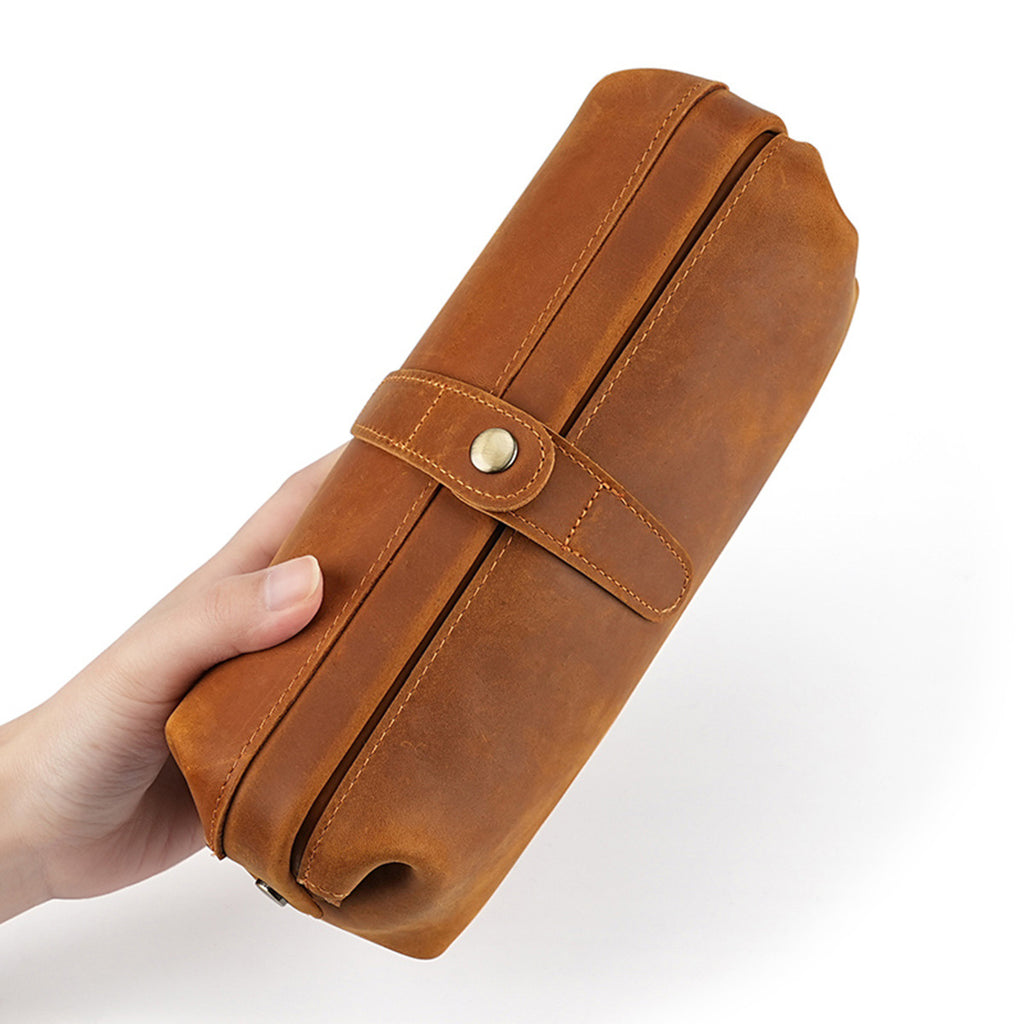 Q-ENDURA Vintage Design Top Grain Leather Cosmetic Toiletry Bag