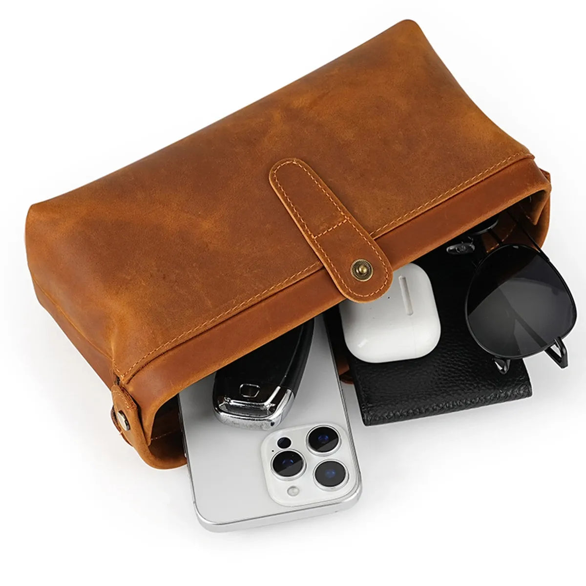 Q-ENDURA Vintage Design Top Grain Leather Cosmetic Toiletry Bag