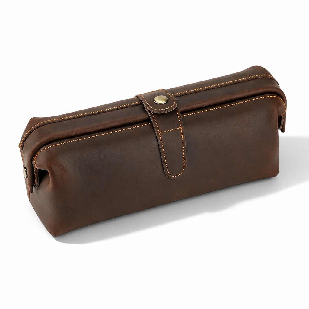 Q-ENDURA Vintage Design Top Grain Leather Cosmetic Toiletry Bag