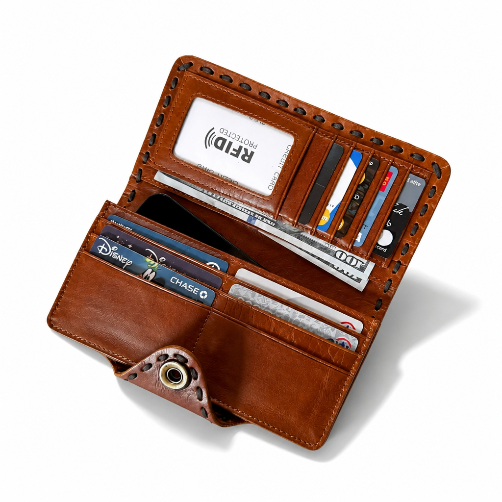 Q-MIA Women's Full-Grain Leather Long Wallet – Luxury RFID Blocking Clutch