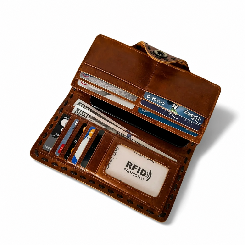 Q-MIA Women's Full-Grain Leather Long Wallet – Luxury RFID Blocking Clutch