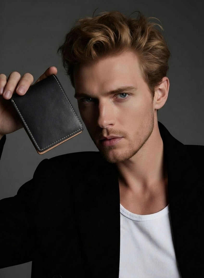 Q-SECURO Men's Slim Bifold Wallet – Italian Vegetable Tanned Leather, RFID Blocking, 6 Card Slots