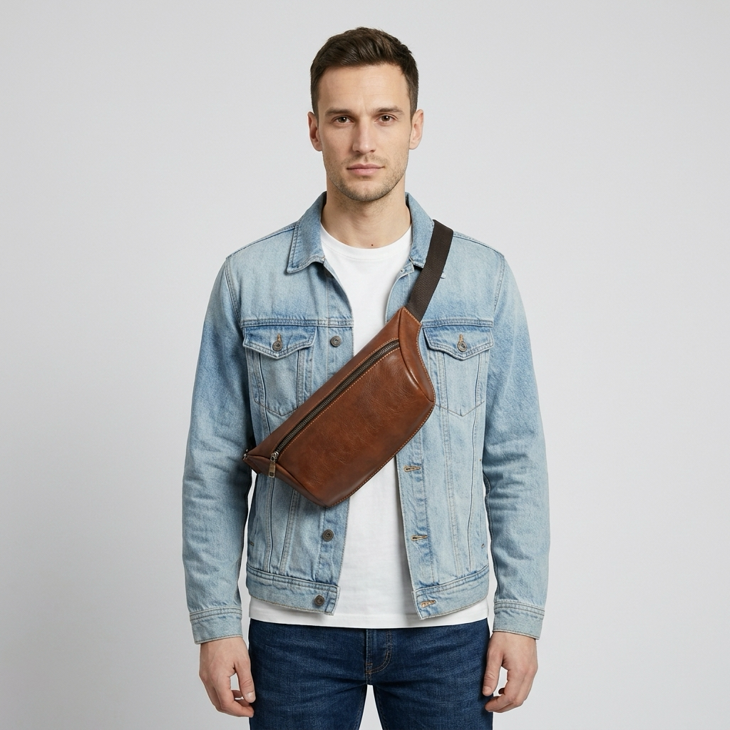 Q-VELO Vintage Full-Grain Leather Fanny Pack – Crossbody Belt Bag for Men