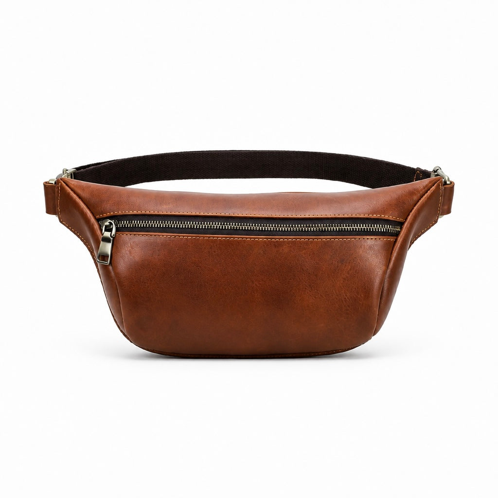 Q-VELO Vintage Full-Grain Leather Fanny Pack – Crossbody Belt Bag for Men