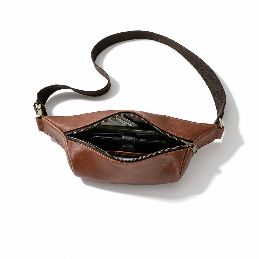 Q-VELO Vintage Full-Grain Leather Fanny Pack – Crossbody Belt Bag for Men