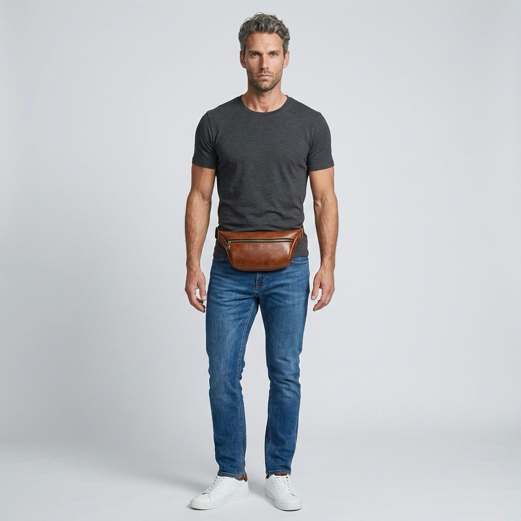 Q-VELO Vintage Full-Grain Leather Fanny Pack – Crossbody Belt Bag for Men