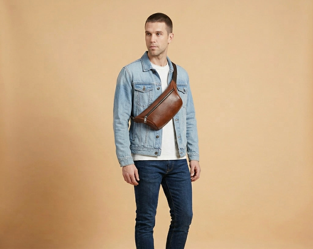 Q-VELO Vintage Full-Grain Leather Fanny Pack – Crossbody Belt Bag for Men