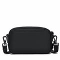 A black textured nylon crossbody bag with an adjustable shoulder strap and metal clips, shown against a plain white background.