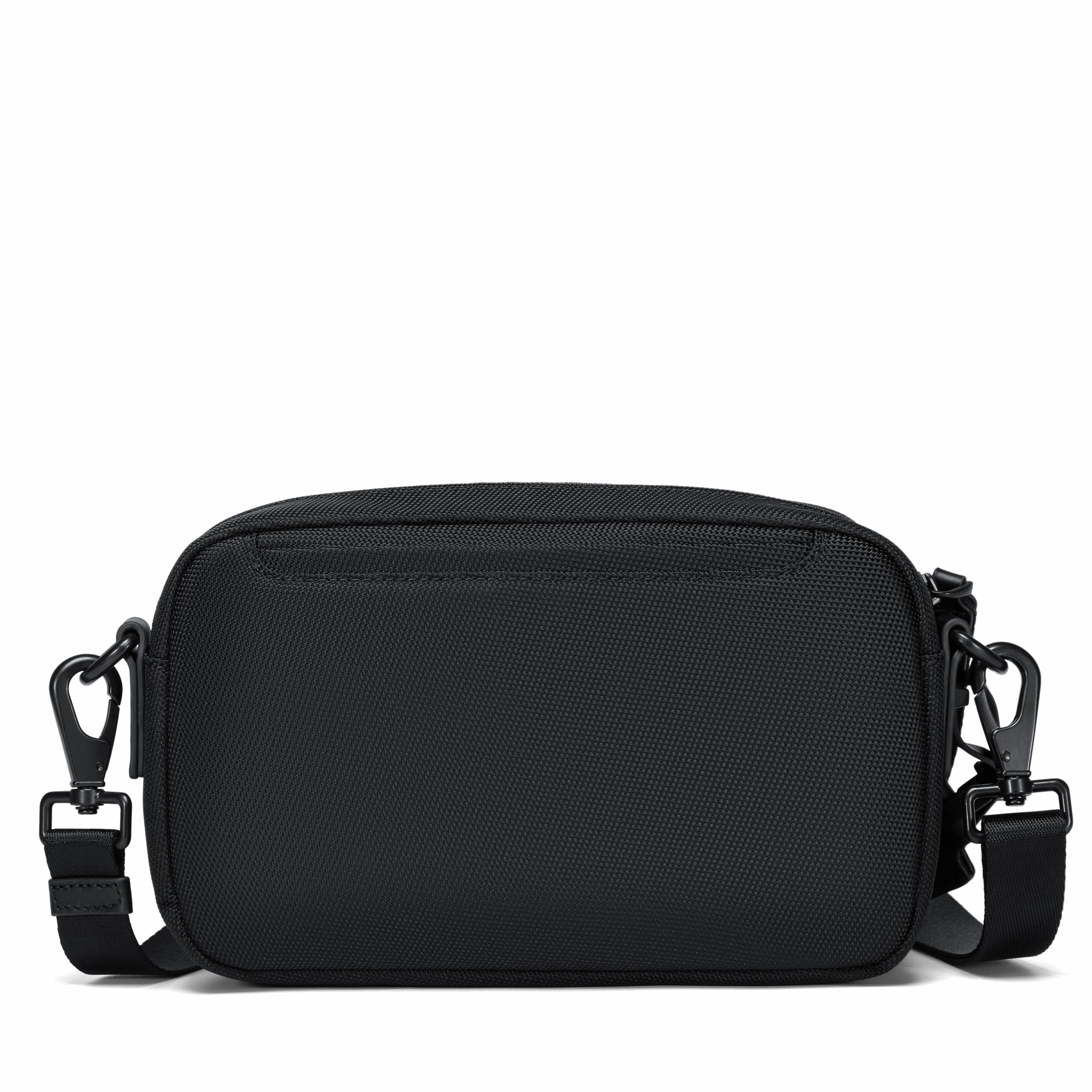 A black textured nylon crossbody bag with an adjustable shoulder strap and metal clips, shown against a plain white background.